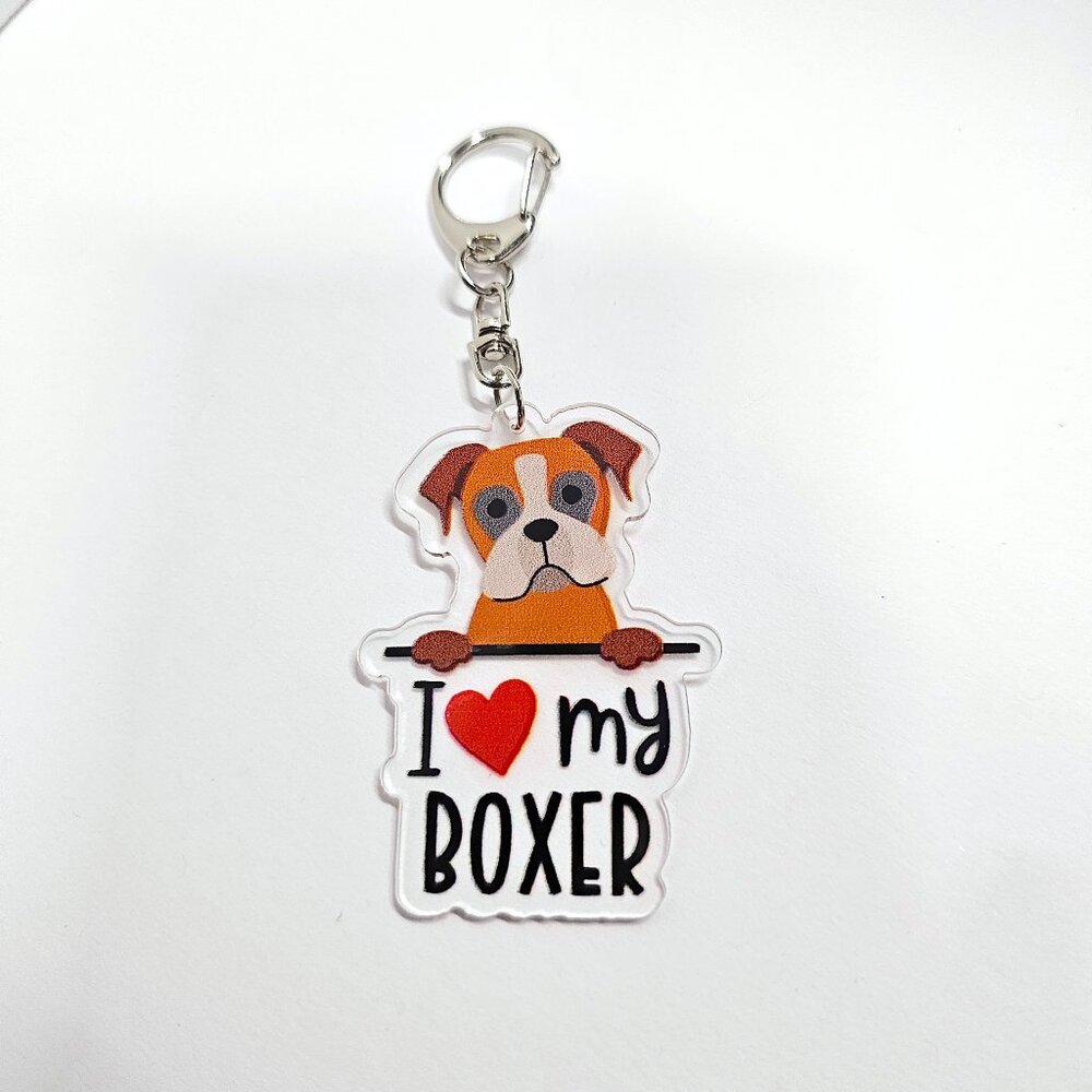 I Love My Boxer Dog Keychain, Acrylic, Pet Lovers, Dog Owner, Accessory Charm